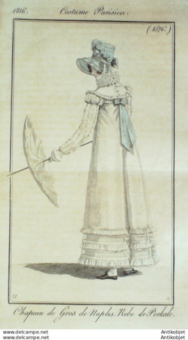 Gravure de mode Costume Parisien 1816 n°1576 Robe perkale
