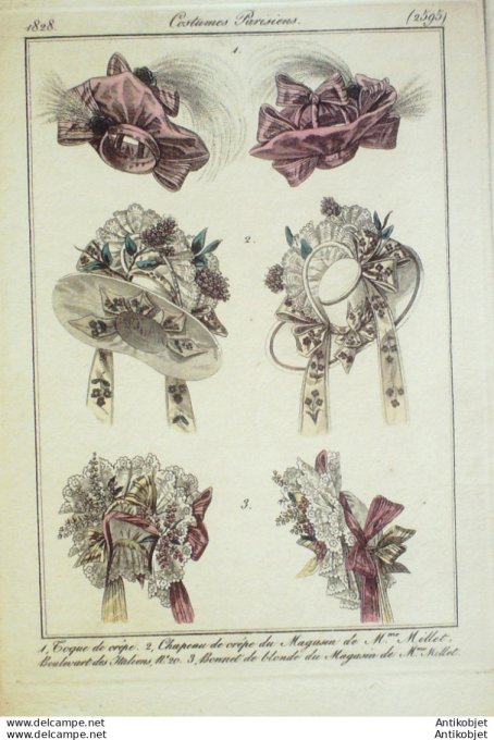 Costume Parisien 1828 # 2595 Toques de crêpe  bonnet de blonde