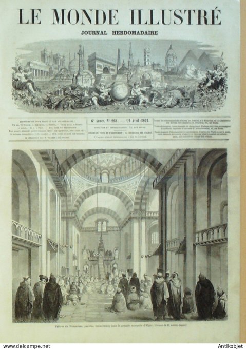 Le Monde illustré 1862 n°261 Alger Mosquée Tadjerouna Hyères (83) Quimperlé (29)