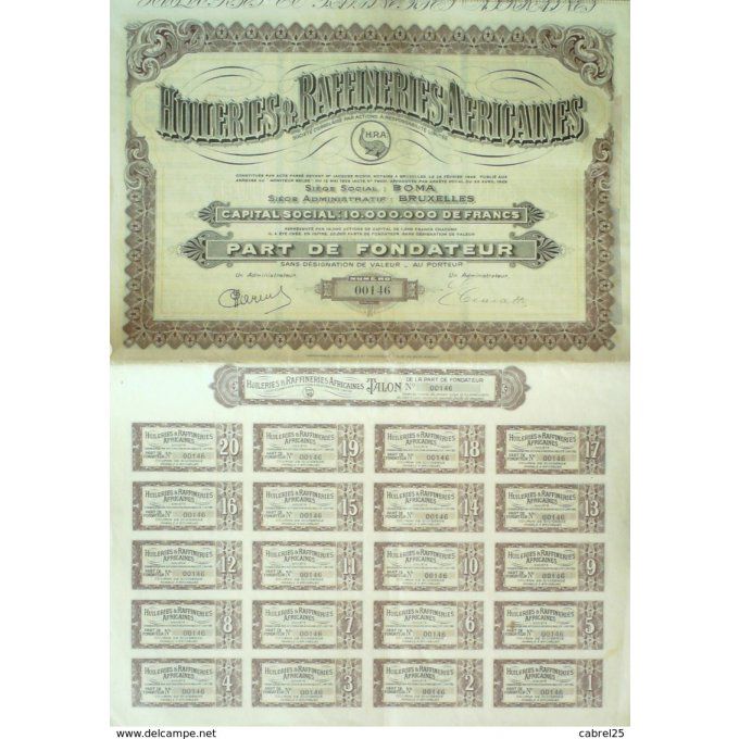 HUILERIES et RAFFINERIES AFRICAINES (H.R.A.)-BOMA-BELGIQUE-ACTION-1000 FR-1929