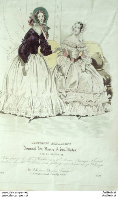 Gravure de mode Costume Parisien 1838 n°3599 Robes perkale & mousseline