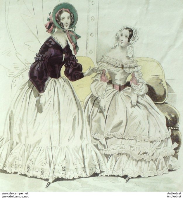 Gravure de mode Costume Parisien 1838 n°3599 Robes perkale & mousseline