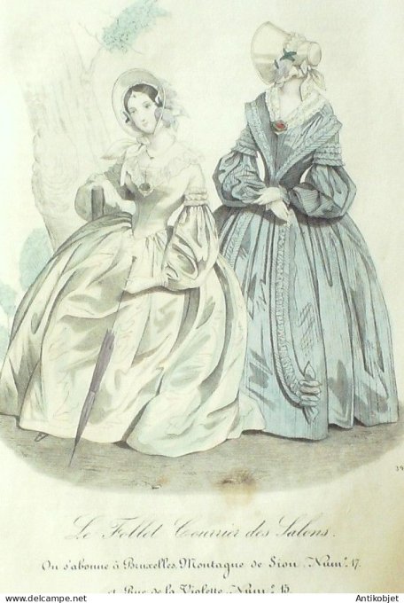 Gravure Mode Le Follet 1837 # 393 (aquarelle Old Fashion plate)