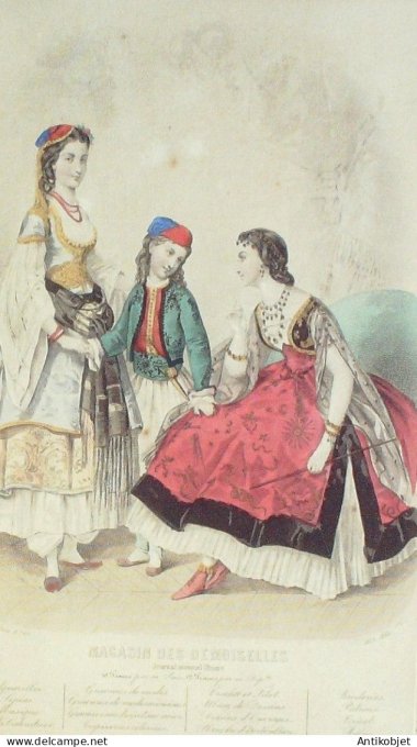 Gravure Mode Magasin Demoiselles 1864 # 12 (aquarellee Old Fashion plate)