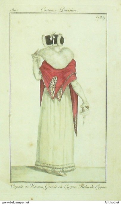Gravure de mode Costume Parisien 1807 n° 785 Fichu de cygne