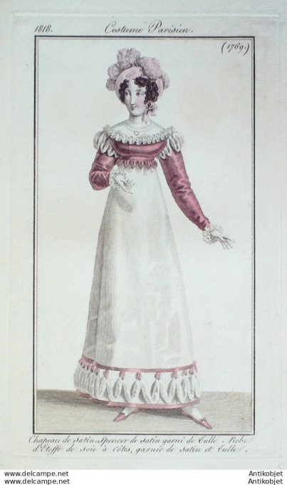 Gravure de mode Costume Parisien 1818 n°1769 Robe d'étoffe de soie à côtes