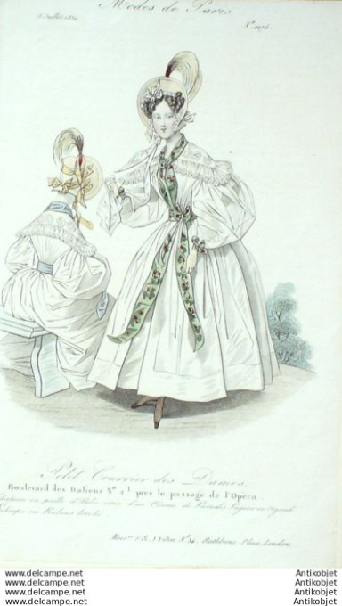 Gravure Mode Courrier des Dames 1833 # 1075 (eau forte old Fashion plate)