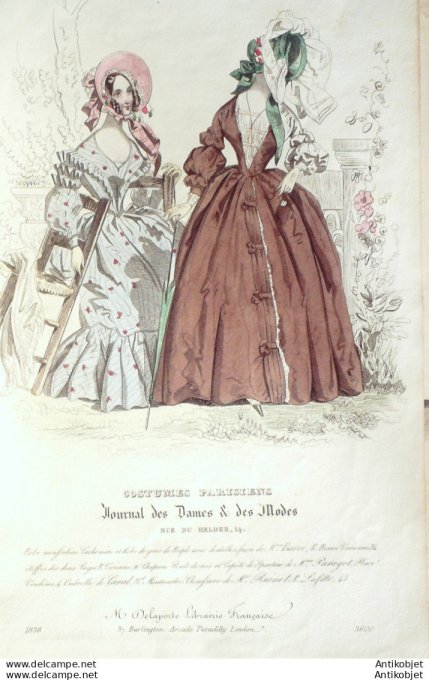 Gravure de mode Costume Parisien 1838 n°3600 Robe mousseline & cachemire