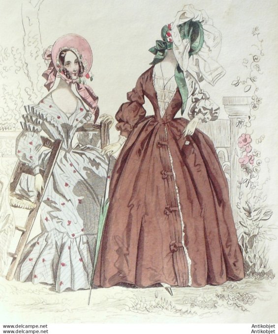 Gravure de mode Costume Parisien 1838 n°3600 Robe mousseline & cachemire