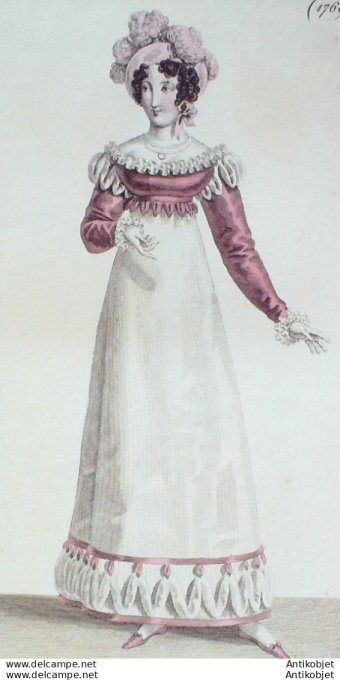 Gravure de mode Costume Parisien 1818 n°1769 Robe d'étoffe de soie à côtes