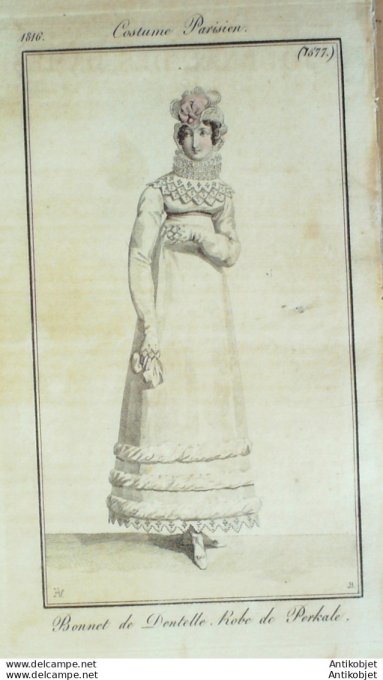 Gravure de mode Costume Parisien 1816 n°1577 Robe perkale