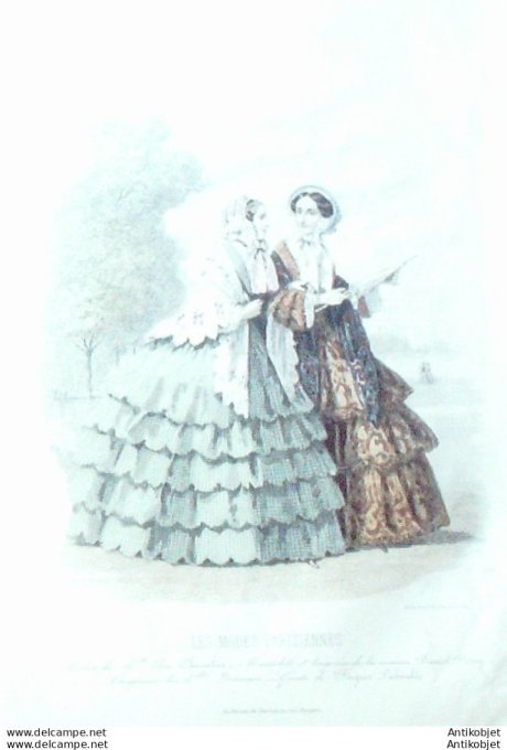 Gravure Les Modes Parisiennes 1850 # 591 Mantelets robes Maison Chevalier