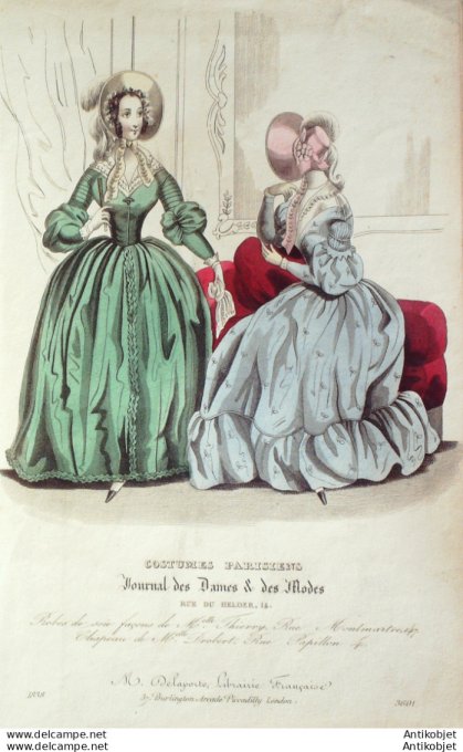 Gravure de mode Costume Parisien 1838 n°3601 Robes de soie  chapeaux