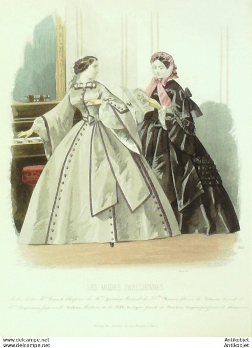 Gravure Les Modes Parisiennes 1859 # 866 Robes d'intérieur Maison Fauvet