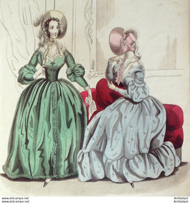 Gravure de mode Costume Parisien 1838 n°3601 Robes de soie  chapeaux