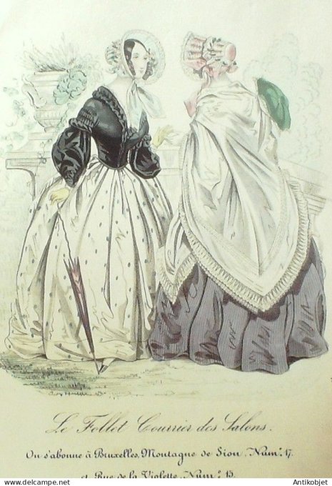 Gravure Mode Le Follet 1837 # 396 (aquarelle Old Fashion plate)