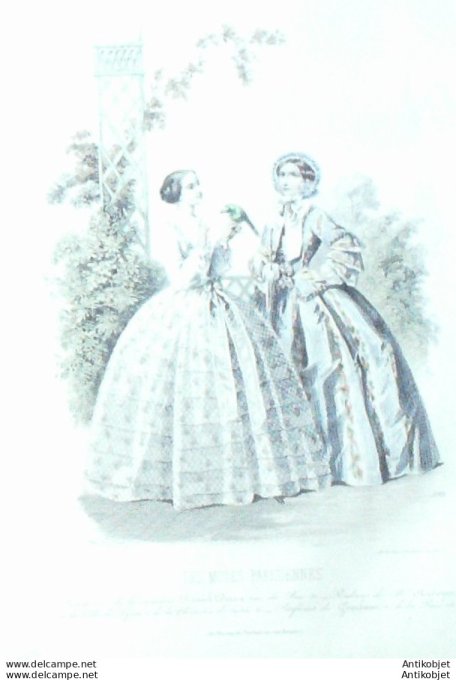 Gravure Les Modes Parisiennes 1850 # 593 Robes en rubans Maison Deray