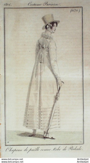 Gravure de mode Costume Parisien 1816 n°1571 Robe perkale