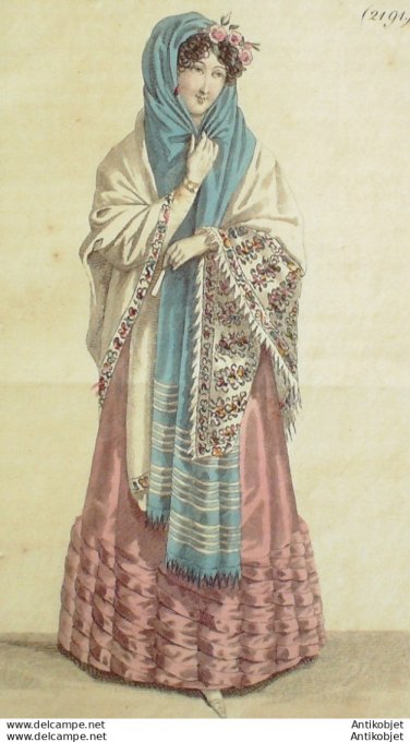 Gravure de mode Costume Parisien 1823 n°2191 Robe de satin  écharpe de barèges