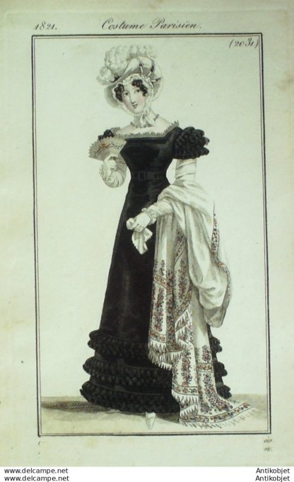 Gravure de mode Costume Parisien 1821 n°2031 Robe velours  garnie