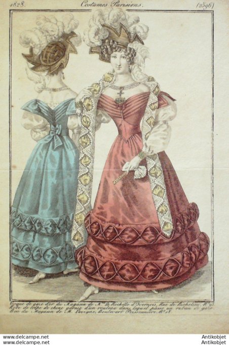 Gravure de mode Costume Parisien 1828 n°2596 Toque gaze d'or robe crêpe de Chine