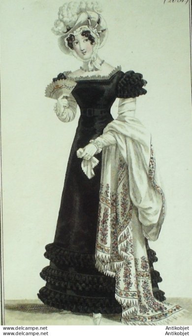 Gravure de mode Costume Parisien 1821 n°2031 Robe velours  garnie