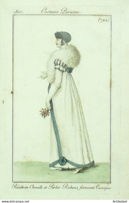 Gravure de mode Costume Parisien 1807 n° 794 Résille en chenille & perles