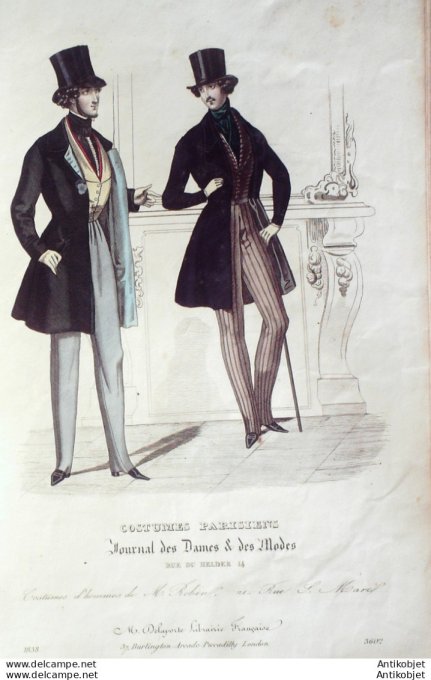 Gravure de mode Costume Parisien 1838 n°3602 Costumes hommes gilets croisés