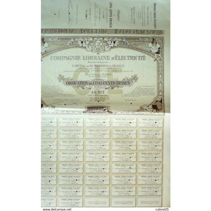 Lorraine Electricite Cie Nancy (54) Emprunt 500 Fr 1912