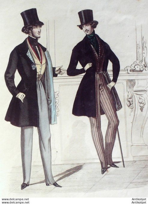 Gravure de mode Costume Parisien 1838 n°3602 Costumes hommes gilets croisés