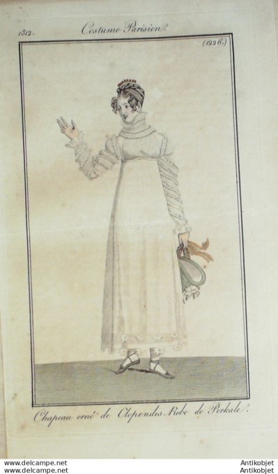 Gravure de mode Costume Parisien 1812 n°1226 Chapeau Clopendes Robe Perkale