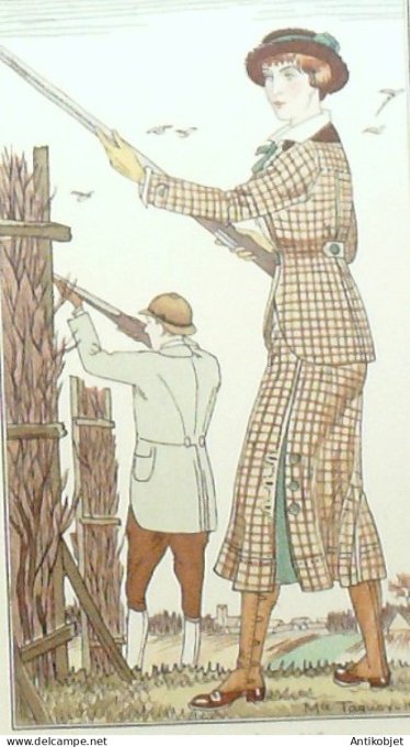 Gravure de mode Costume Parisien 1912 pl.22 TAQUOY Maurice Costume de chasse