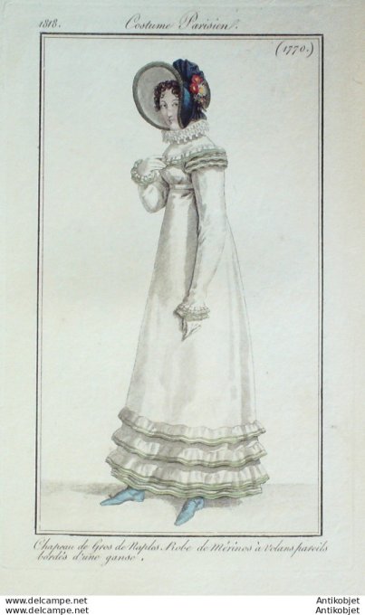 Gravure de mode Costume Parisien 1818 n°1770 Robe de mérinos à volants
