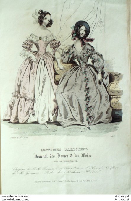 Gravure de mode Costume Parisien 1838 n°3603 Robes mousseline ornée