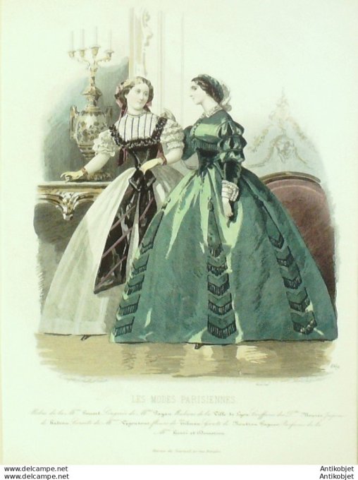 Gravure Les Modes Parisiennes 1859 # 869 Robes gros de Naples Maison Fauvet