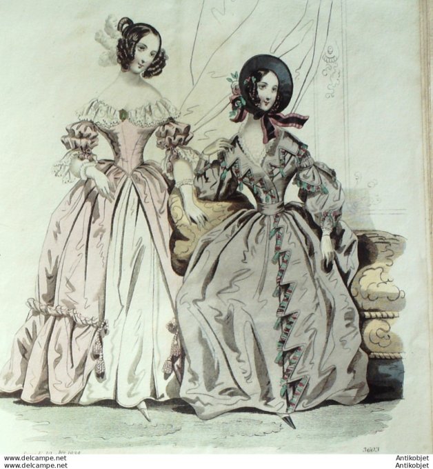 Gravure de mode Costume Parisien 1838 n°3603 Robes mousseline ornée