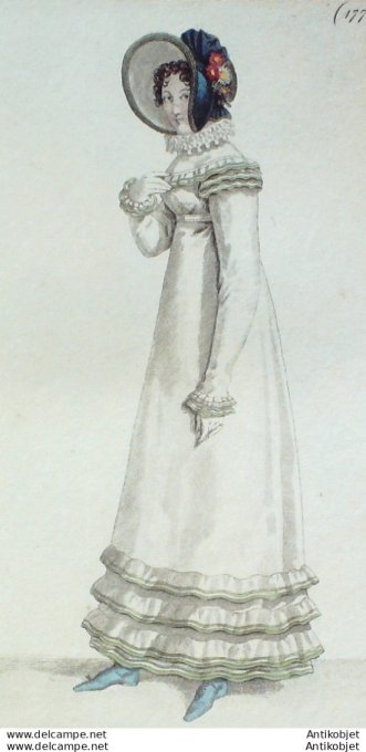 Gravure de mode Costume Parisien 1818 n°1770 Robe de mérinos à volants