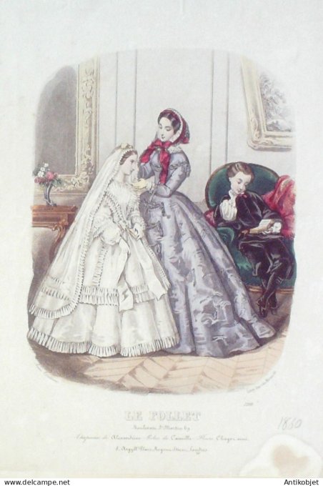 Gravure Mode Le Follet 1860 # 2200 (aquarelle Old Fashion plate)