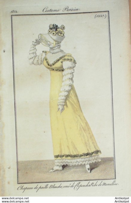 Gravure de mode Costume Parisien 1812 n°1227 Robe mousseline