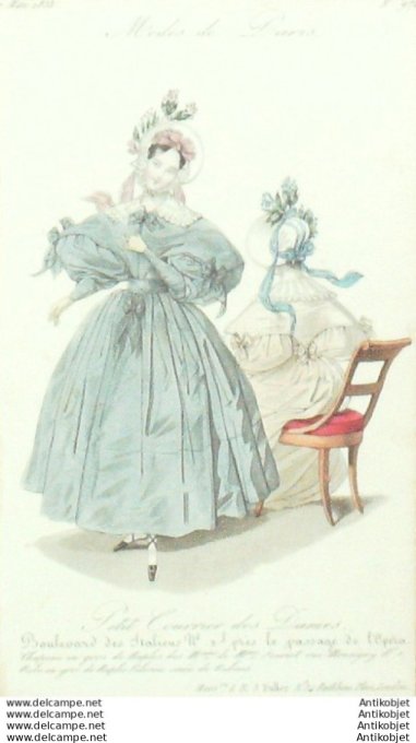 Gravure Mode Courrier des Dames 1832 #  974 (eau forte old Fashion plate)