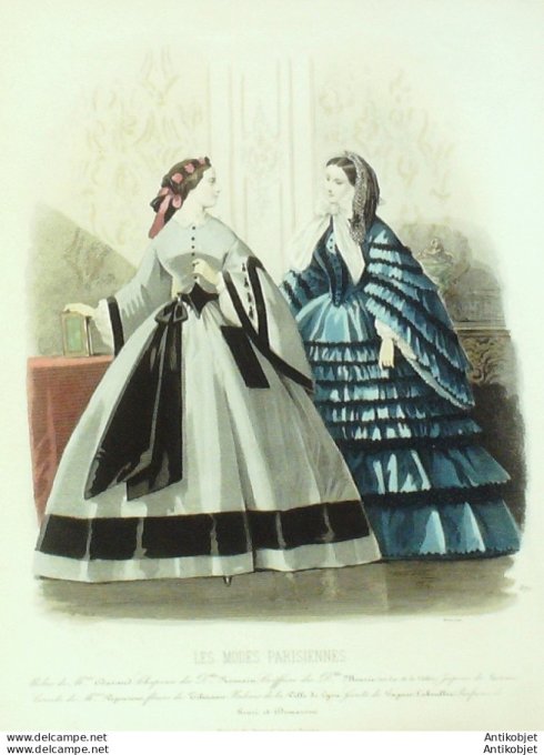Gravure Les Modes Parisiennes 1859 # 870 Robes d'intérieur Maison Durand