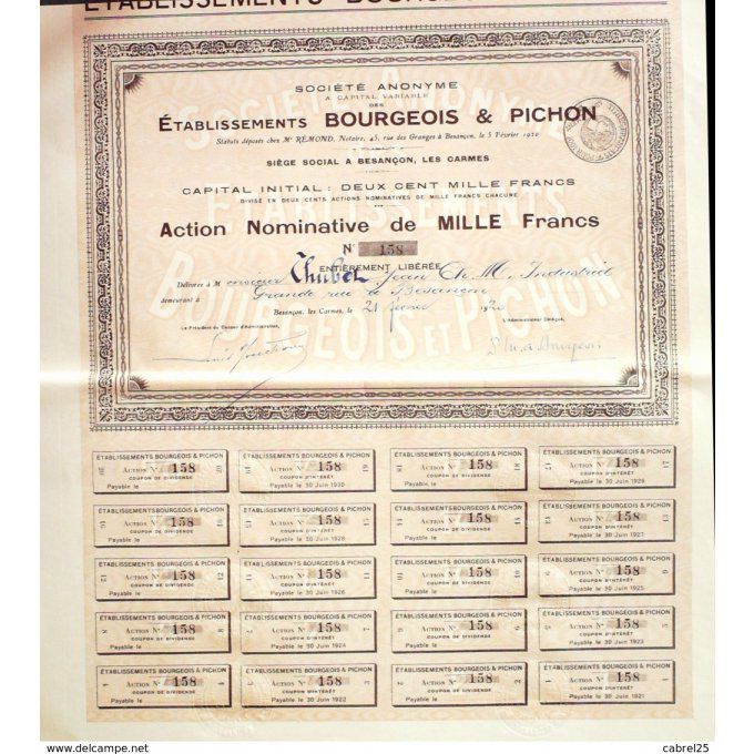 Bourgeois & Pichon  Besancon (25) action 1000 Fr 1920