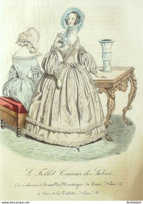 Gravure Mode Le Follet 1837 # 389 (aquarelle Old Fashion plate)