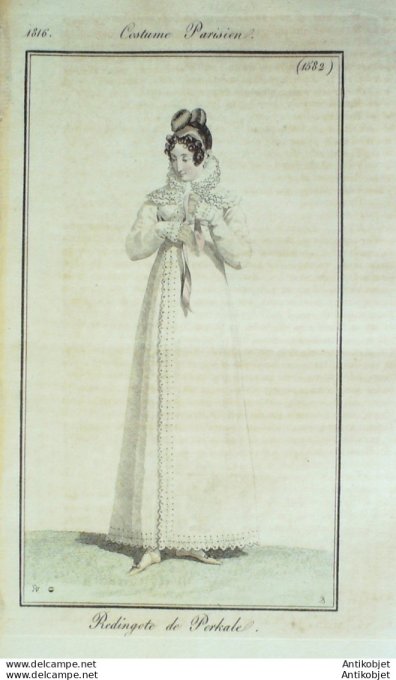 Gravure de mode Costume Parisien 1816 n°1582 Redingote de perkale