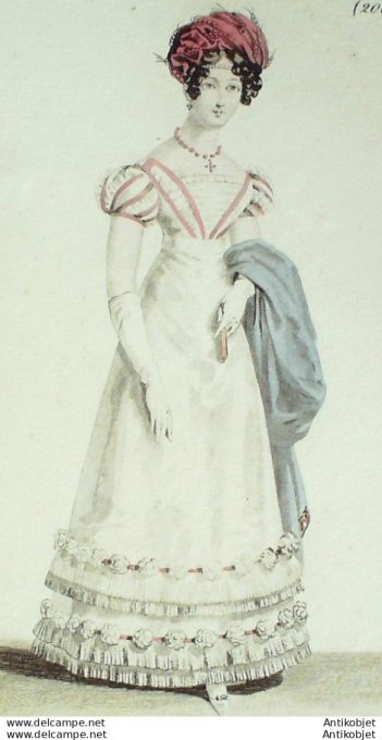 Gravure de mode Costume Parisien 1821 n°2032 Robe satin  en plumes  turban