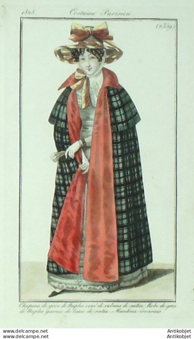Gravure de mode Costume Parisien 1825 n°2359 Robe gros de Naples & biais de satin