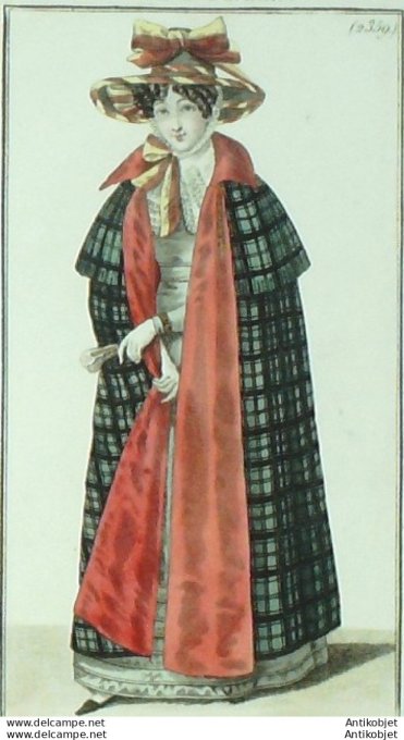 Gravure de mode Costume Parisien 1825 n°2359 Robe gros de Naples & biais de satin