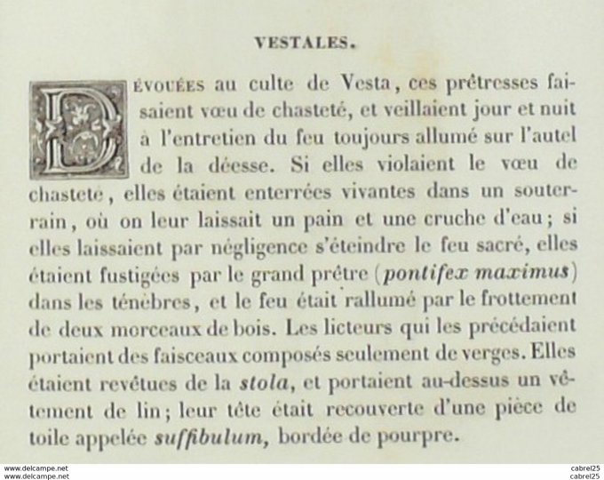 Italie VESTALE Culte de VESTA 1859