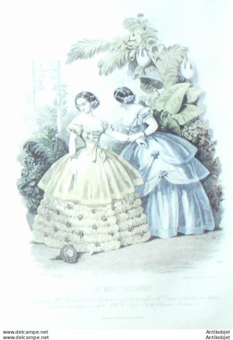 Gravure Les Modes Parisiennes 1850 # 595 Robes tissus Maison Tilman