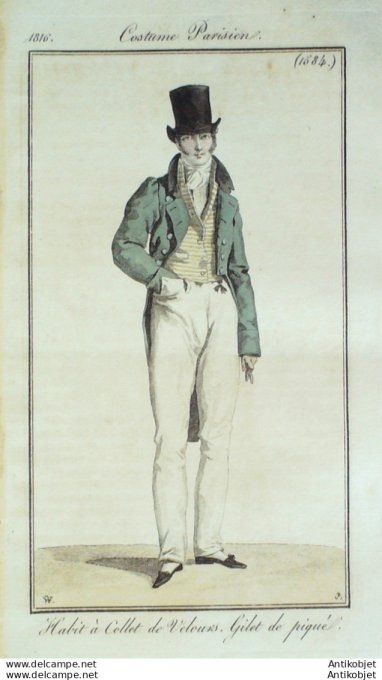 Gravure de mode Costume Parisien 1816 n°1584 Habit homme à collet de velours